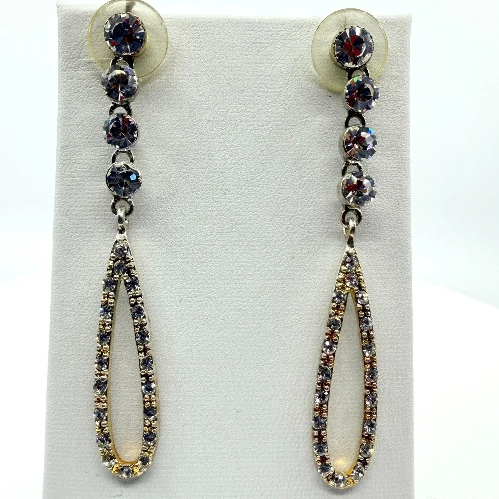 Vintage Gold Tone Dangle Earrings AB Rhinestone Teardrop Open Hoop Statement Y2K